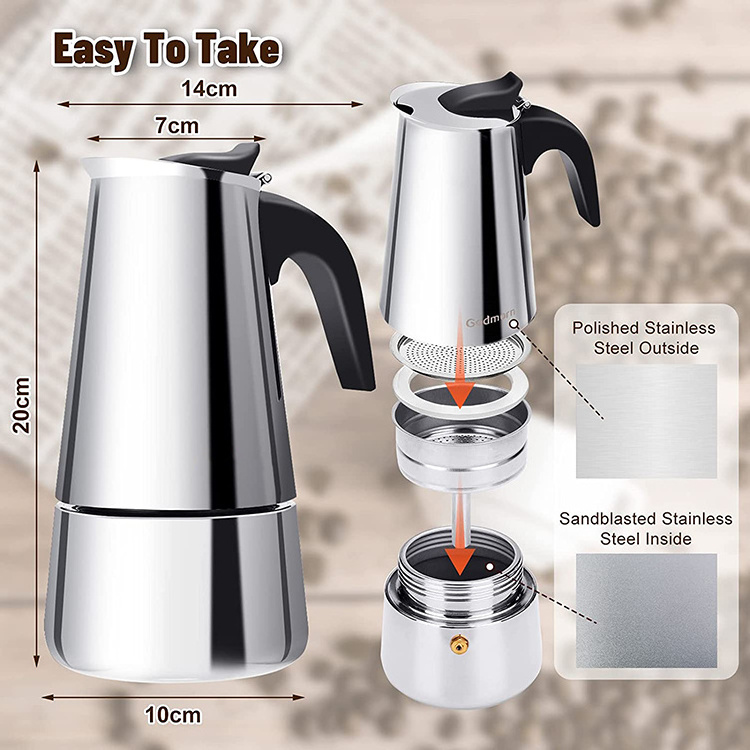 Stainless Steel Moka stove coffee maker Moka Pot Coffee Maker for Gas or Electric Stove Top