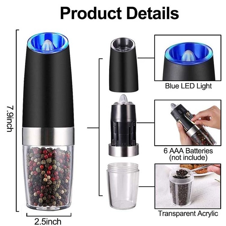 Wholesale Electric ABS portable gravity salt and pepper mill with LED light automatic pepper Grinder