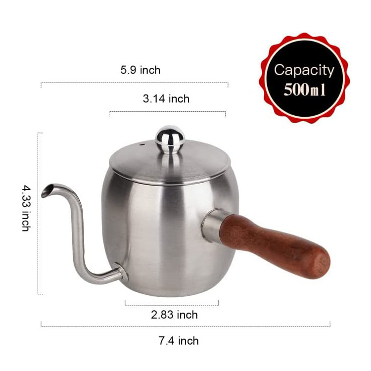 18oz / 500ml Stainless Steel Stovetop Turkish Greek Arabic Coffee Pot Wooden Handle Gooseneck Pour Over Coffee Kettle