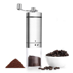 The hand-operated coffee grinder produces fine powder and the handle is easy to use