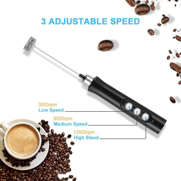 USB Rechargeable Milk Frother Handheld Electric Foam Maker with Stainless Whisk 3 Speed Foam Maker