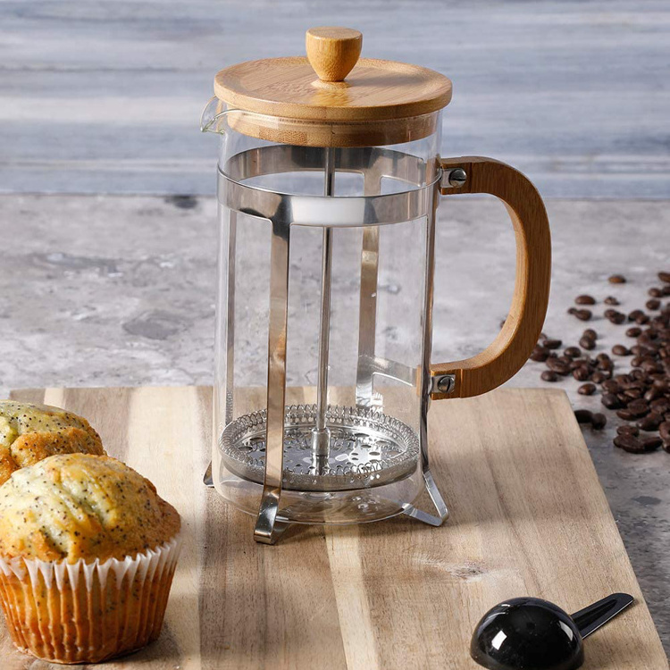 Coffee French Press Latte Tea Maker Wood Coffee and Tea Press Lid Glass Kitchen Metal Minimalist Silver PS Double Wall Round