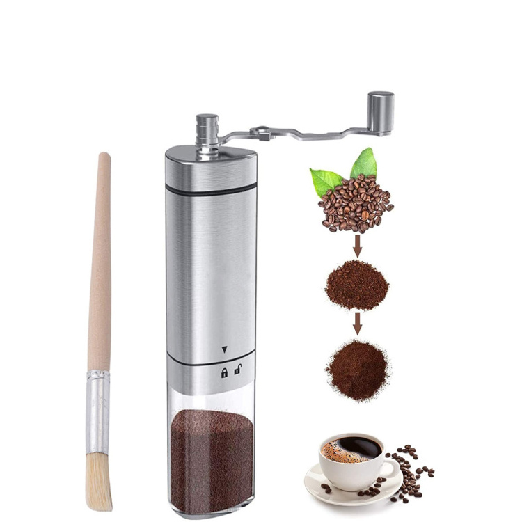 The hand-operated coffee grinder produces fine powder and the handle is easy to use