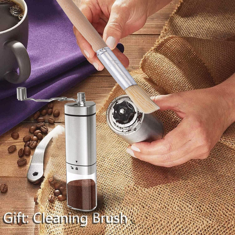 The hand-operated coffee grinder produces fine powder and the handle is easy to use