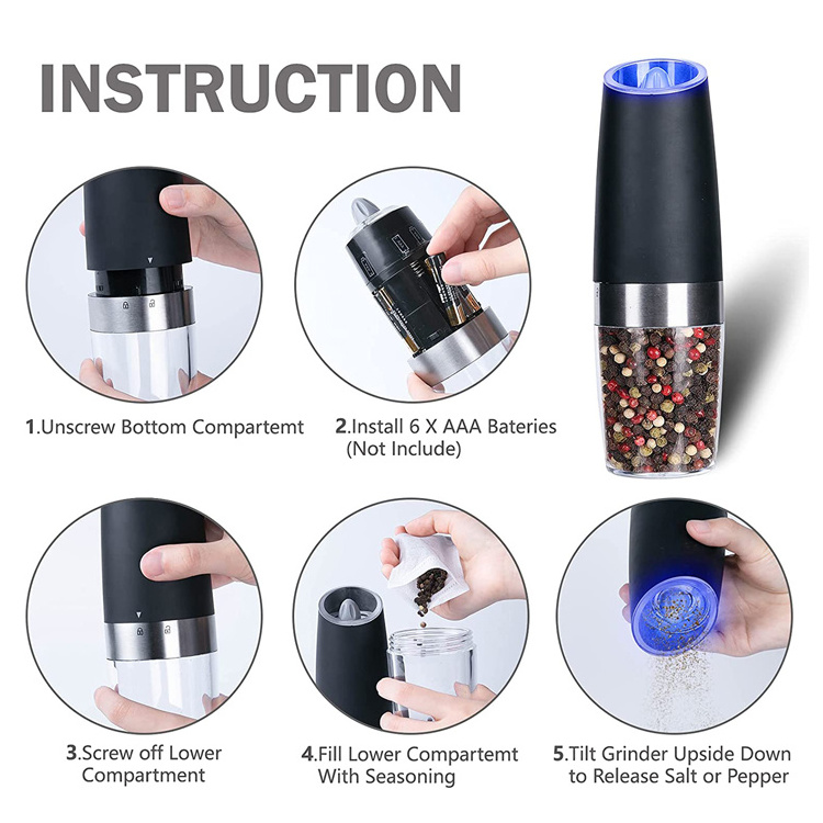 Premium Stainless Steel with LED Light salt and pepper grinder Spice grinder gravity pepper mill