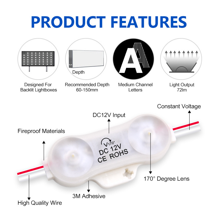 Factory Directly dc 12v 2 LED Lights 0.72w IP68 Injection LED Module with tape led light module