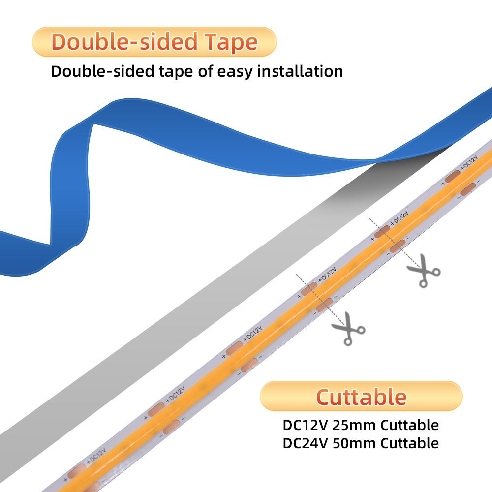 COB LED Strip Lights 12V 24V 5M 480LEDs/M High Density Flexible LED Tape 6500K Color Temperature for Kitchen & Room Decor 8mm