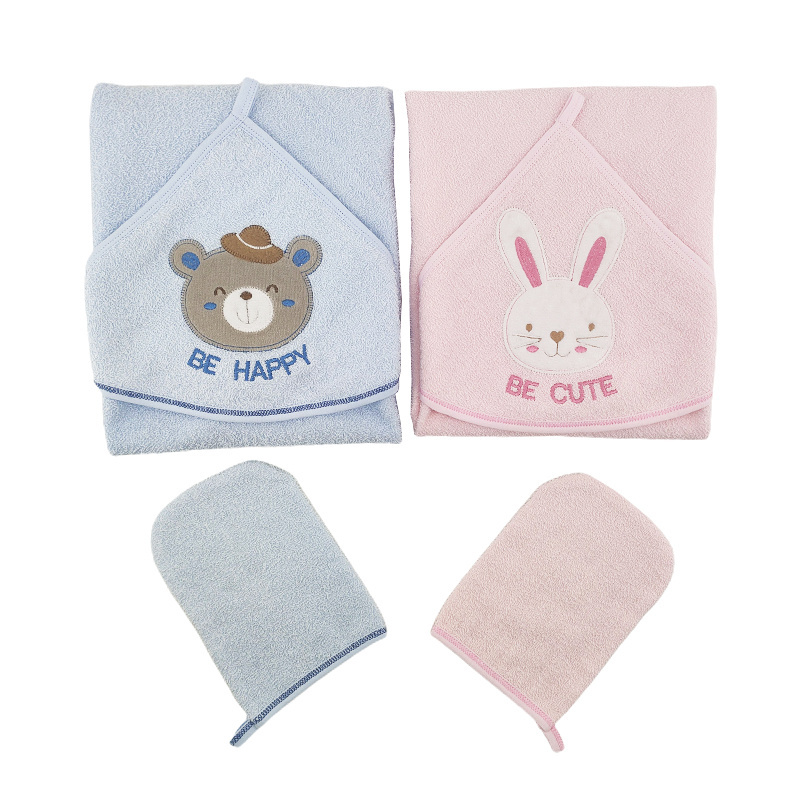 100% cotton Towel baby showering set soft baby shower gear cute all season breathable baby blanket and glove 2 PCSset