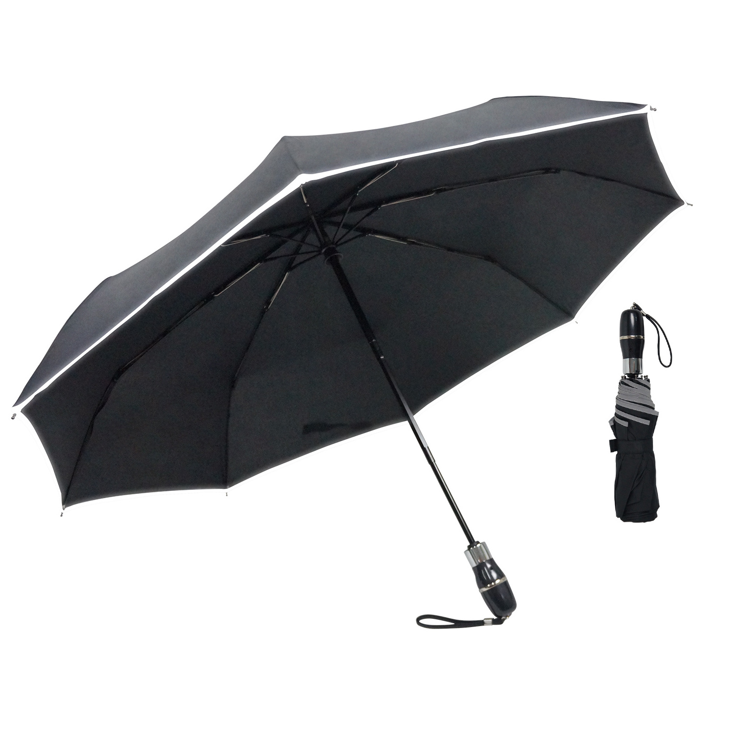 PU coated shiny black window breaker handle 23 inch safety 3 folded automatic emergency car escape umbrella