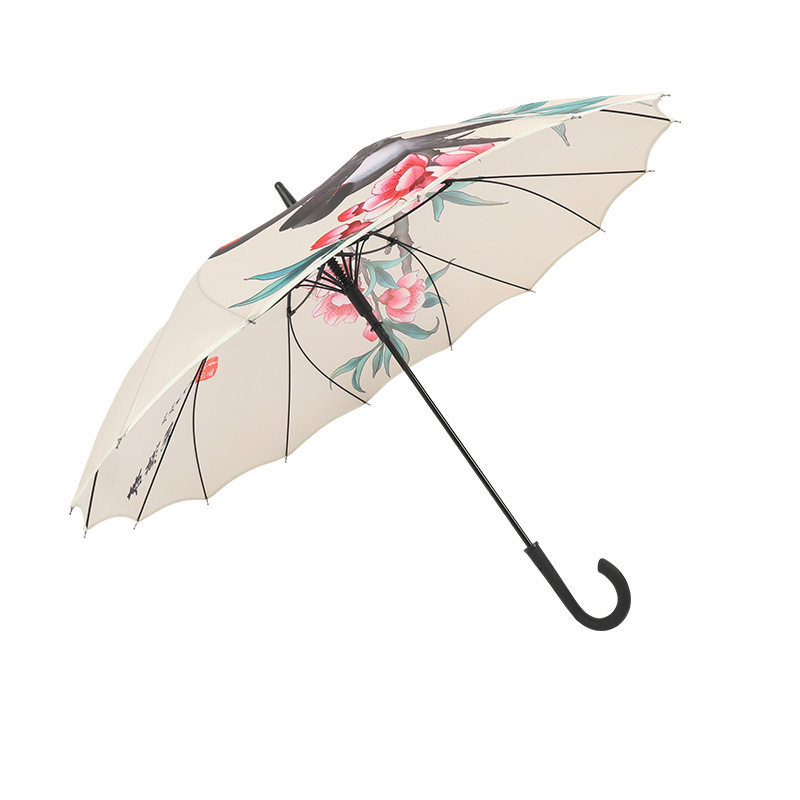 Fiberglass frame 23 inch Automatic Open and Close Classical Chinese Paint Printing Straight Umbrella