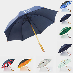 Discount design sturdy wind resistant 23inch custom logo print wood j handle stick straight wooden umbrella