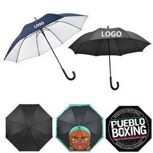 Gift logo print strong black rain windproof men long stick brand custom straight uv production umbrellas for the rain