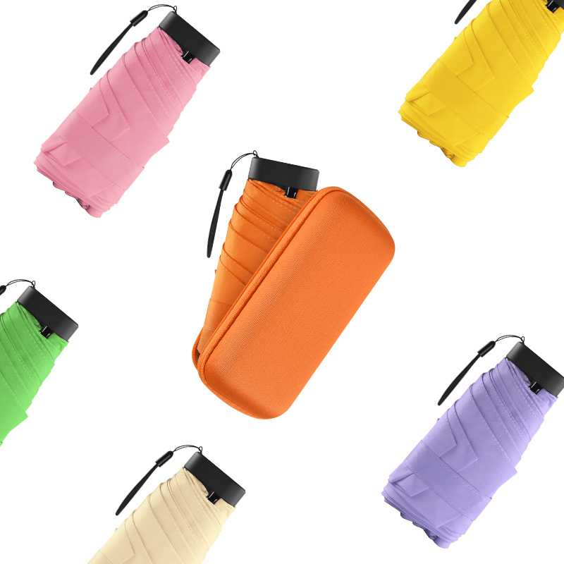 Hot sale fashion small windproof rainproof uv-proof pocket size light 6 folding mini capsule umbrella with bag