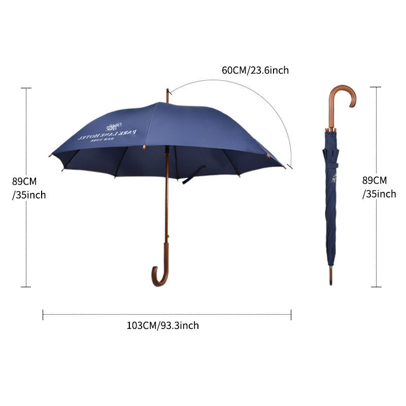 Business style straight umbrella customized 23 inch 8 ribs wooden handle stick umbrella support logo color custom