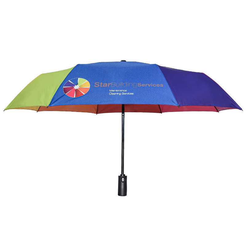 High Density Pongee Fabric Waterproof UV Advertise Windproof Three Folding Rainbow Color Automatic Umbrella