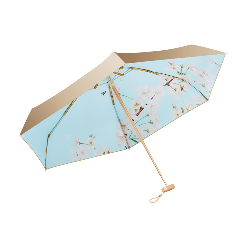 Customized digital printed inside uv umbrella titanium golden coating small compact five fold umbrellas for sun