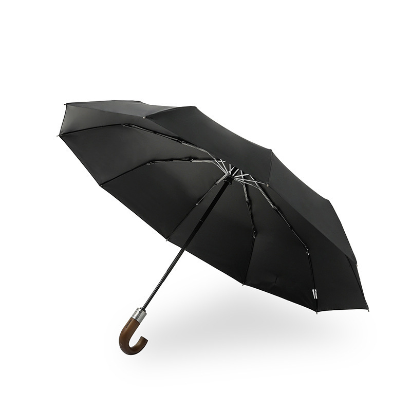 Black Coated Sunscreen Wooden Handle High Density Pongee Fabric Strong Waterproof Automatic Folding Umbrella