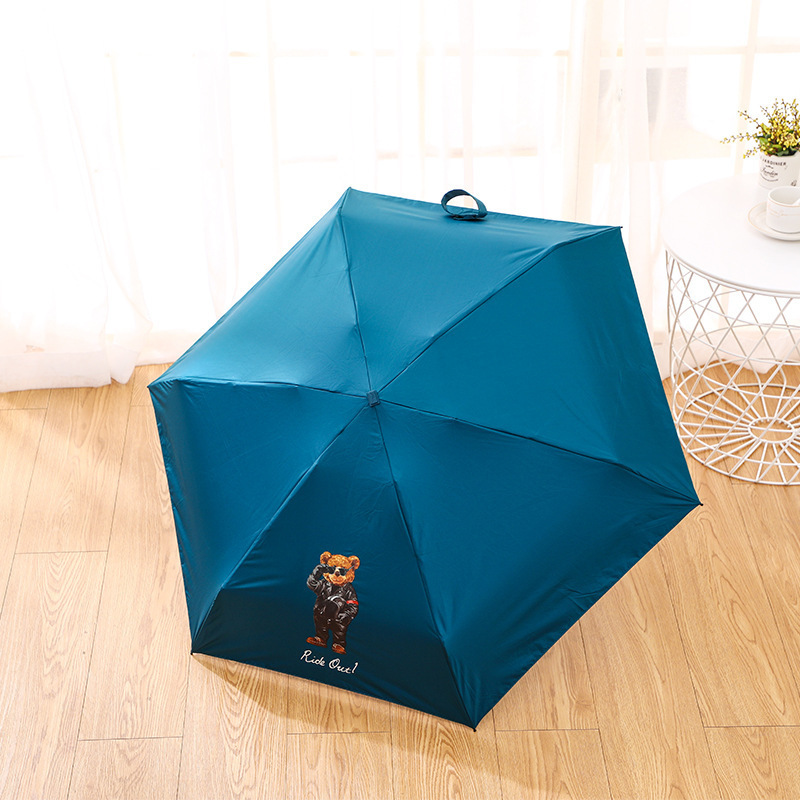 Waterproof Colorful Handle Cool Bear Pattern Printing Black Coating Sun Protection Five Folding Umbrella