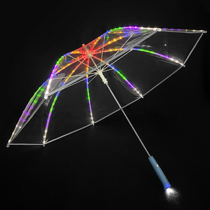 Strong Waterproof Reflective Strip Colorful LED Light Handle Transparent Lighting Umbrella