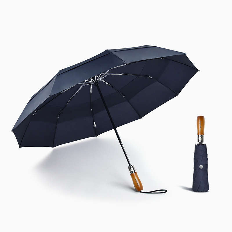 Branded Corporate Automatic Open Umbrella with Wooden Handle Windproof Double Layer Air Vented Folding Umbrella