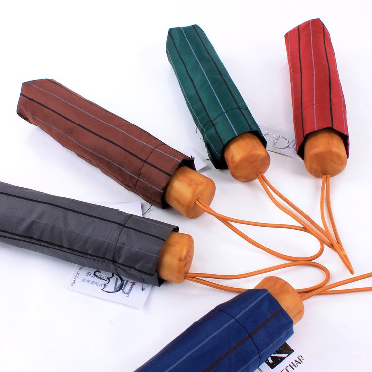 Windproof Rainy And Sunny Wooden Handle Wine Red Manual Open And Close Stripe Printing Folding Umbrella