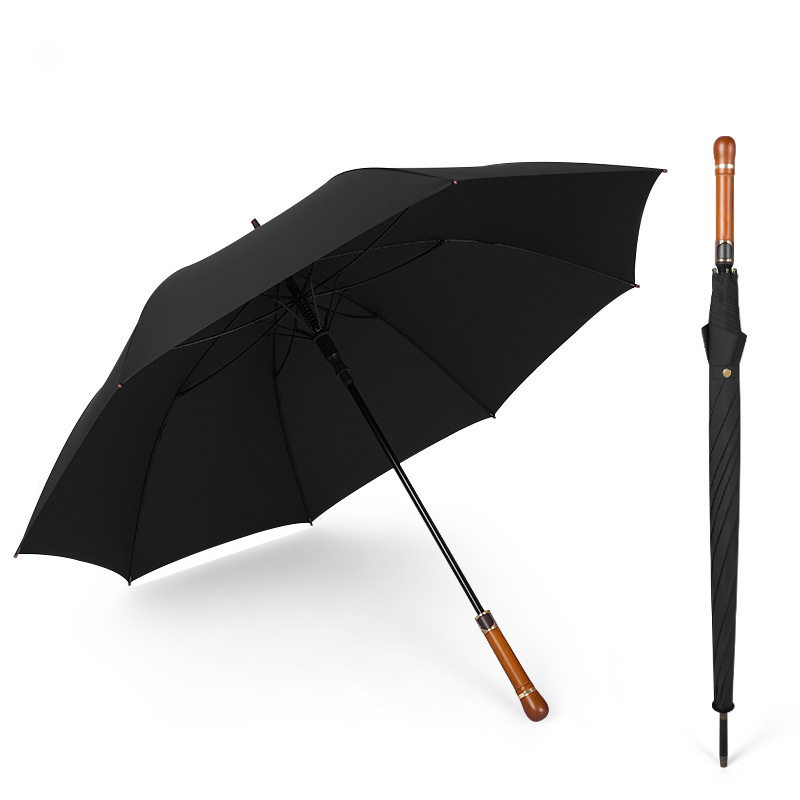 Umbrella Factory Solid Wooden Handle 8K Straight Sticks Fiberglass Shaft Umbrella Custom Automatic Umbrella For Adult