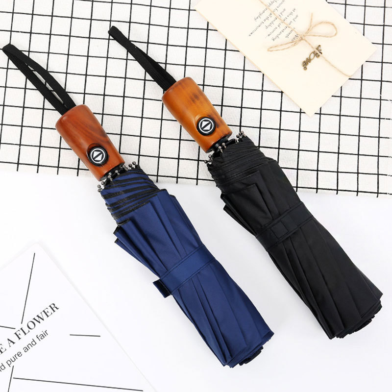 Popular styles modern simple strong frame automatic folding umbrellas 8k 10k 3 fold umbrella automatic wooden handle