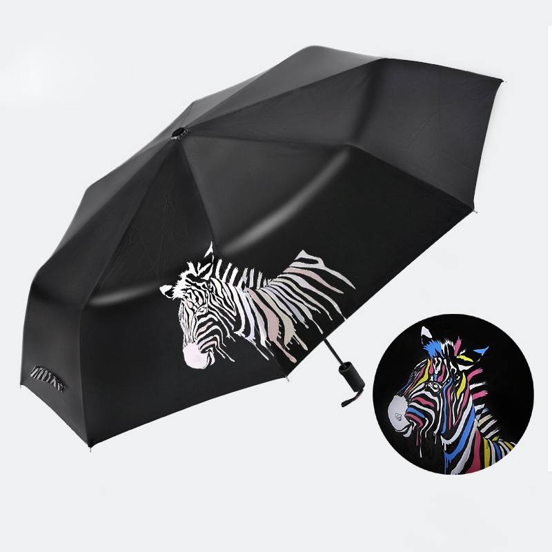 Horse Printing Color Changing Magic Waterproof Lightweight Black Coating Fabric Auto Open Close Folds Umbrella