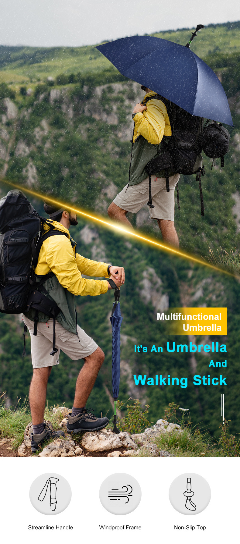 All in 1 Semi-Automatic Straight Umbrella Gentleman Suitable For Old Man Walking Cane Umbrellas