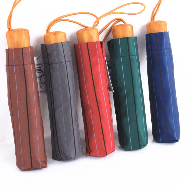 Windproof Rainy And Sunny Wooden Handle Wine Red Manual Open And Close Stripe Printing Folding Umbrella