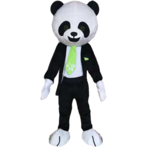 black suit panda mascot costume with green tie custom panda mascots for sale