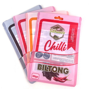 Custom printed food bag packaging beef jerky packaging pouch 3 side seal sachet mylar bags for biltong with hanging hole