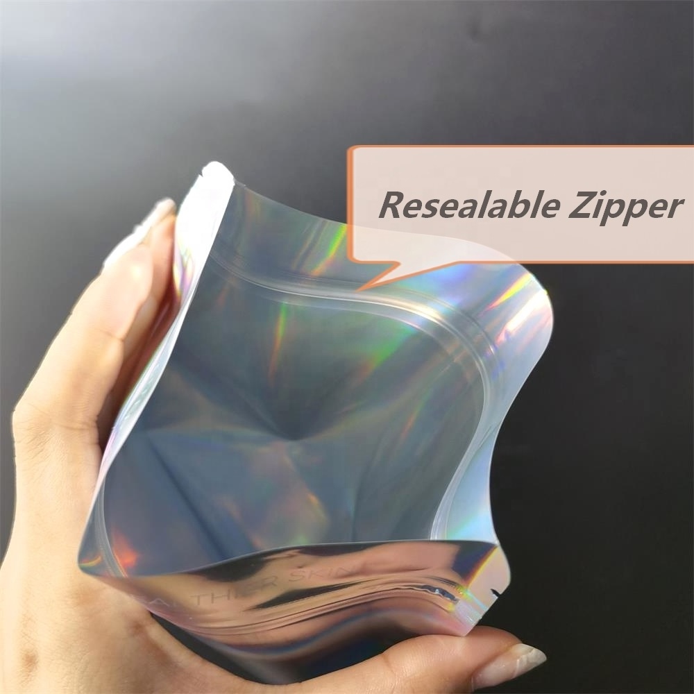 Custom Printed Holographic Cosmetic Hologram Zipper 3 Sides Self Sealing Packaging Bags Christmas Zipper Small Mylar Bags