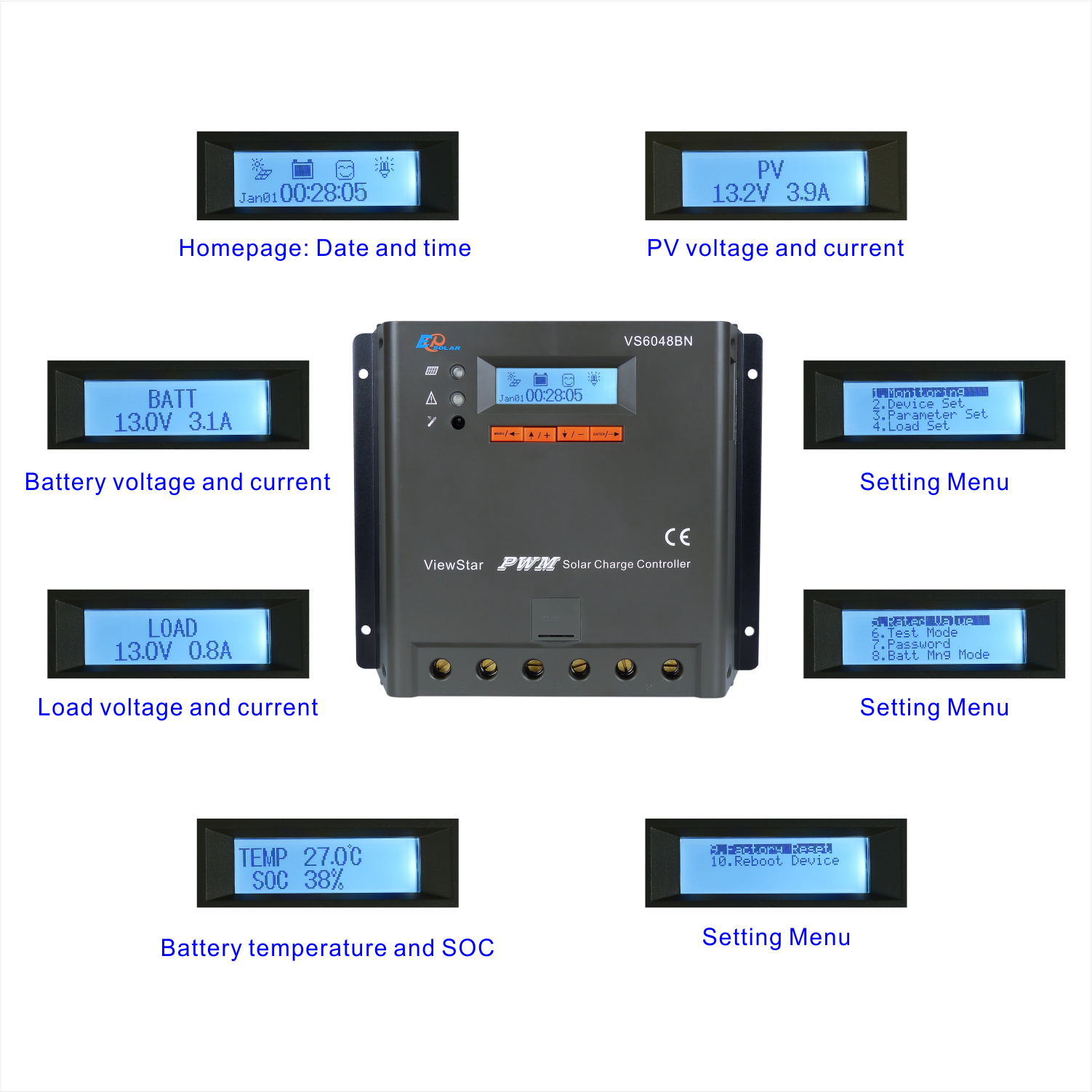 EPEVER VS BN Series 10A 20A 30A 45A 60A Muilti functional LCD display PWM Solar Charge Controller 12/24/36/48V controller