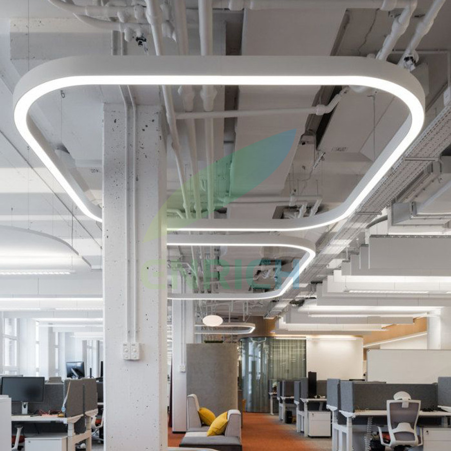 Direct-indirect Lighting Suspended Rectangle LED Pendant Office Lighting Fixture with Bendable Rounded Corner