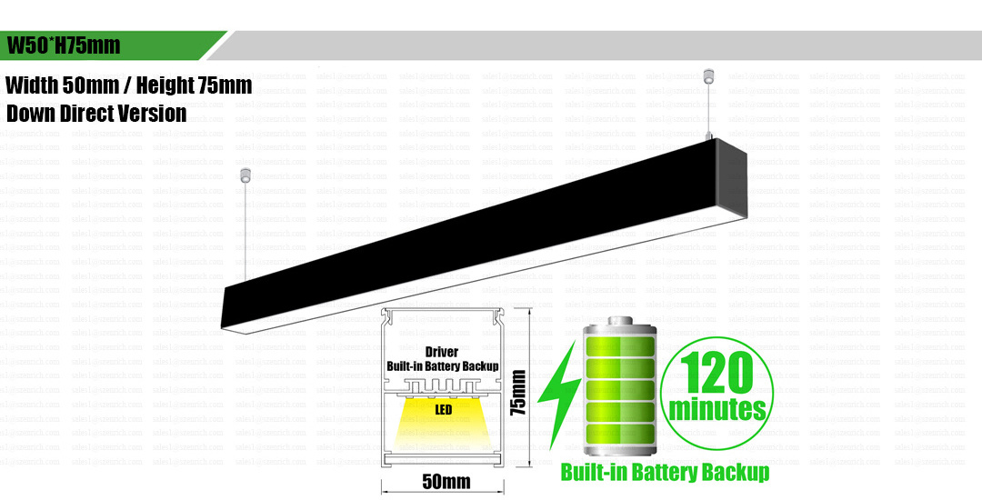 Suspended Rechargeable Emergency with 4400mAh lithium battery aluminum pendant led linear pendant light for office warehouse