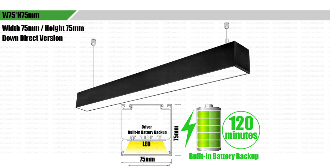 Suspended Rechargeable Emergency with 4400mAh lithium battery aluminum pendant led linear pendant light for office warehouse