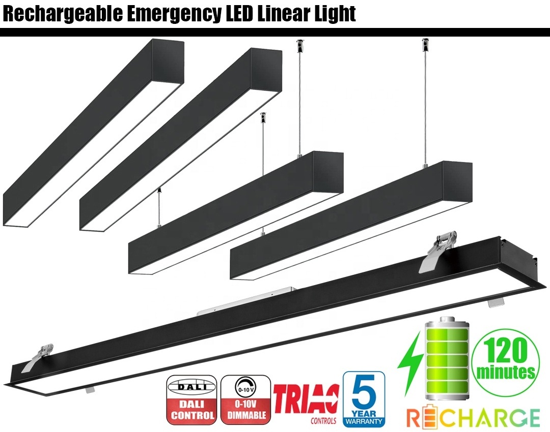 Rechargeable Emergency with 4400mAh lithium battery Triac Diming LED Linear pendant tube light for office warehouse corridor