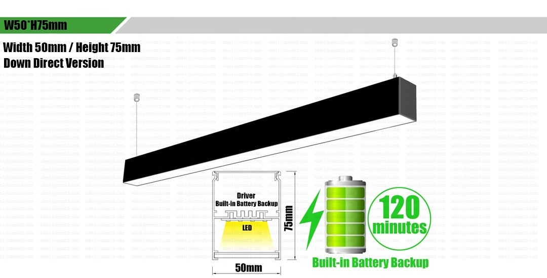 Rechargeable Emergency with 4400mAh lithium battery Triac Diming LED Linear pendant tube light for office warehouse corridor