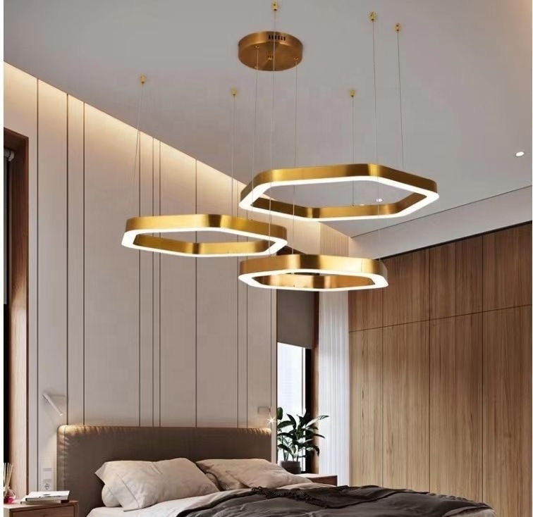 Modern LED Chandelier Simple Hexagon Hanging Ceiling Lamp in Gold Light Fixtures for Shops Living Rooms Dining Rooms