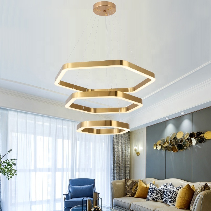 Modern LED Chandelier Simple Hexagon Hanging Ceiling Lamp in Gold Light Fixtures for Shops Living Rooms Dining Rooms