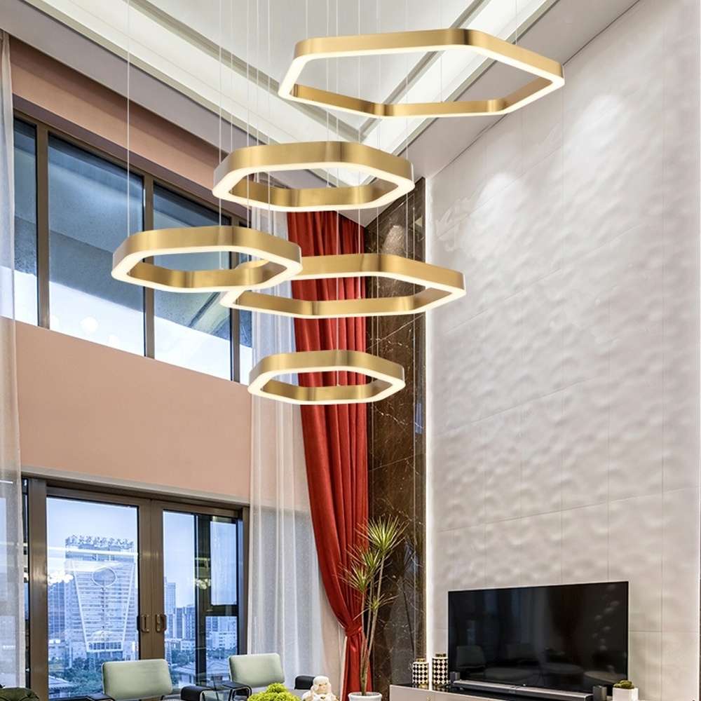 Modern LED Chandelier Simple Hexagon Hanging Ceiling Lamp in Gold Light Fixtures for Shops Living Rooms Dining Rooms