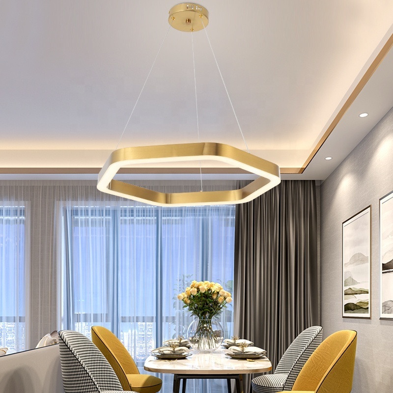 Modern LED Chandelier Simple Hexagon Hanging Ceiling Lamp in Gold Light Fixtures for Shops Living Rooms Dining Rooms