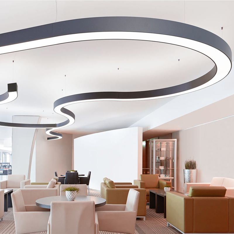 Suspended Surface Mounted Curve Bent Widing Profile Office supermarket Gym Lighting fixture LED Linear Chandelier Ceiling Light