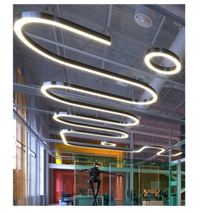 Suspended Surface Mounted Curve Bent Widing Profile Office supermarket Gym Lighting fixture LED Linear Chandelier Ceiling Light