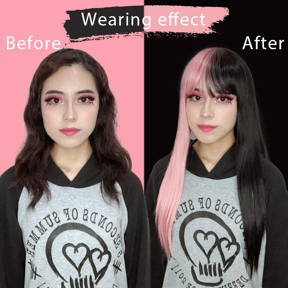 Synthetic Hair Pink and Black Wig Long Straight hair Cosplay Wig Two Tone Ombre Color Women Wigs