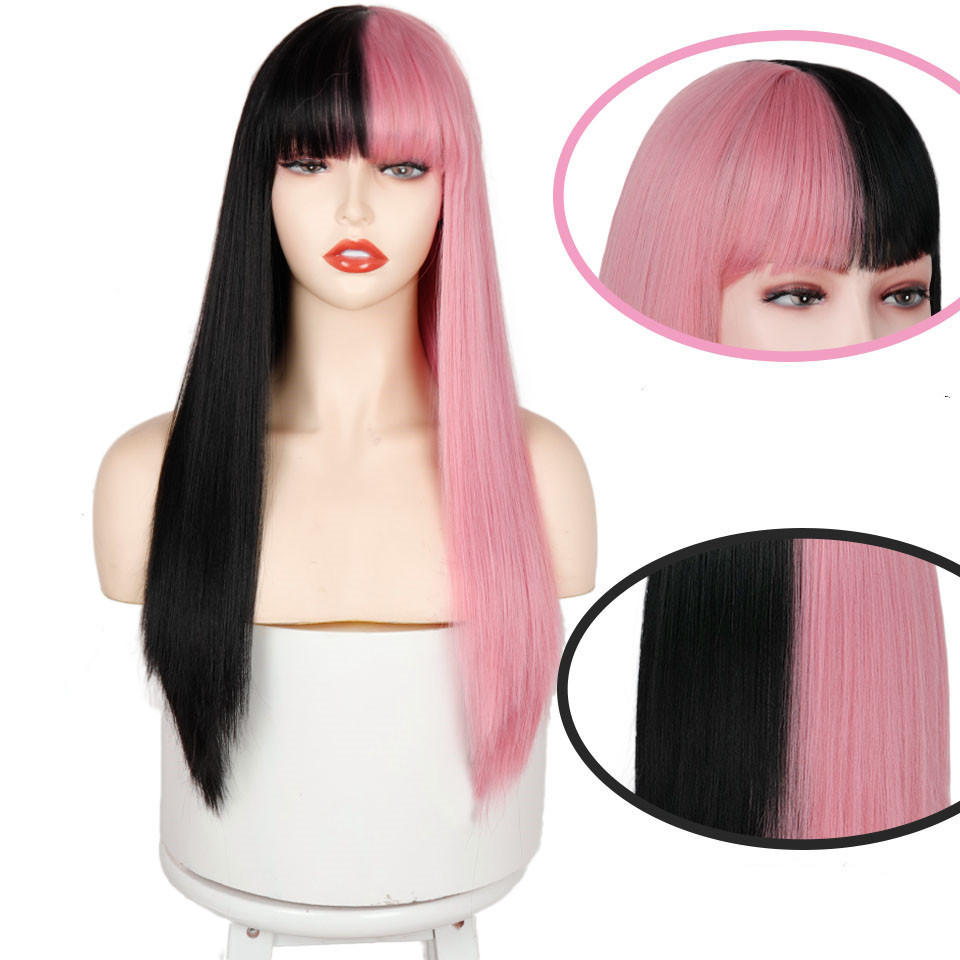 Synthetic Hair Pink and Black Wig Long Straight hair Cosplay Wig Two Tone Ombre Color Women Wigs