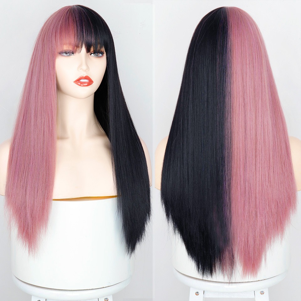 Synthetic Hair Pink and Black Wig Long Straight hair Cosplay Wig Two Tone Ombre Color Women Wigs