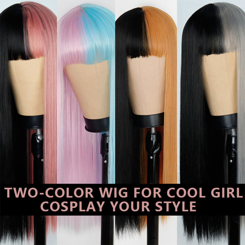 Synthetic Hair Pink and Black Wig Long Straight hair Cosplay Wig Two Tone Ombre Color Women Wigs