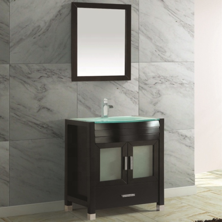 Bathroom Vanity with Curved Glass Countertop, Bathroom Cabinet 8901-24